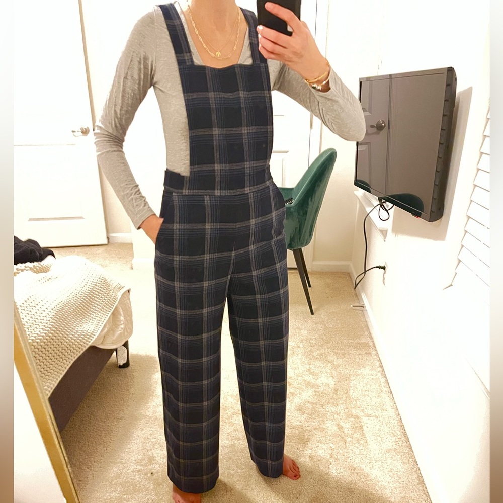 Navy blue plaid overalls
